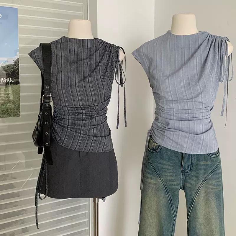 法式蓝色条纹抽绳绑带衬衫女2026夏季新款时尚设计感甜酷韩版上衣