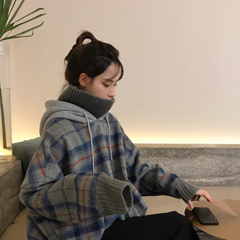 Fake Two-Piece Spliced Plaid High-Neck Hooded Thickeneded Pullover Sweatshirt for Women Autum New Korean Style Loose Long-Sleeved Top Fake Two-Piece Spliced Plaid High-Neck Hooded Thickeneded Pullover Sweatshirt for Women Autum New Korean Style Loose Long-Sleeved Top