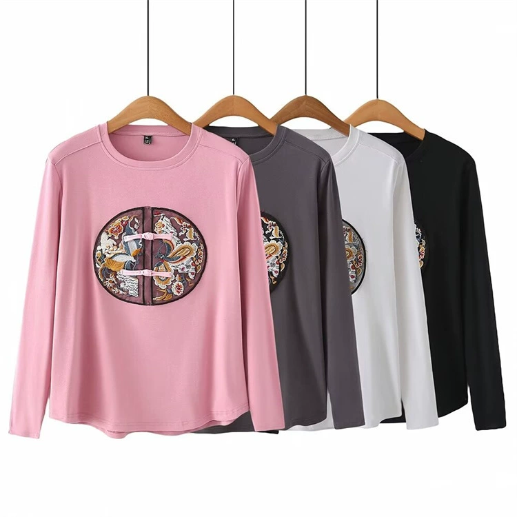 Женская одежда больших размеров в стиле ретро, Весенняя Универсальная футболка с круглым вырезом и вышивкой в национальном стиле с пряжкой в стиле ретро 2403