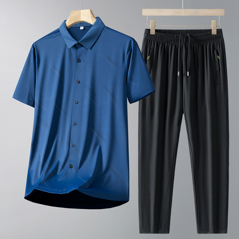 Papa de verano 2025 nuevo traje casual para hombre delgado cardigan de manga corta Polo cuello rayado de hielo dos piezas para hombre