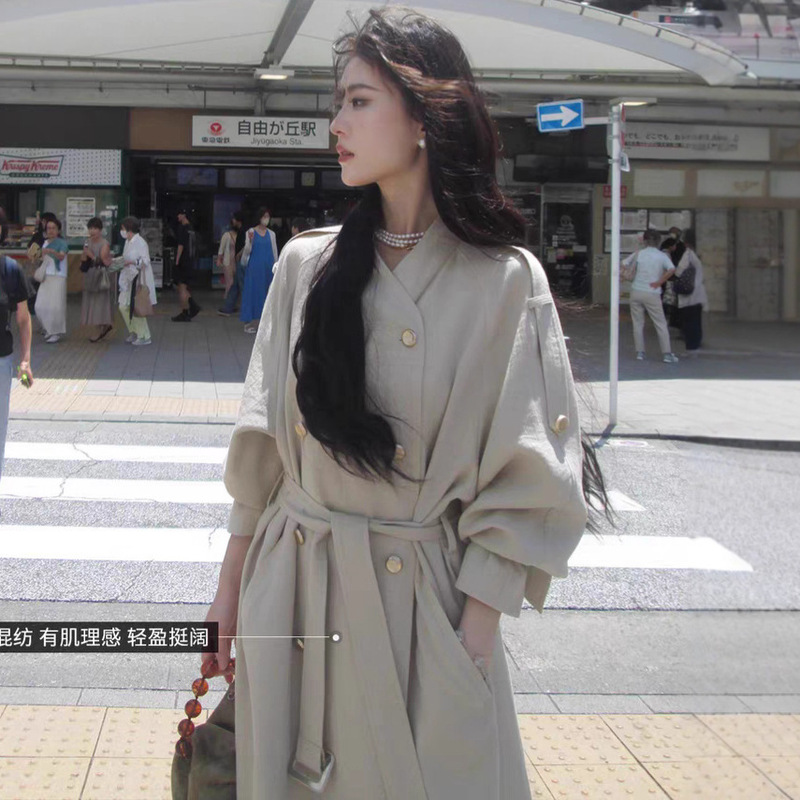 早秋穿搭巨好看风衣女2025新款高个子亚麻双排扣肩带长款大衣外套|undefined