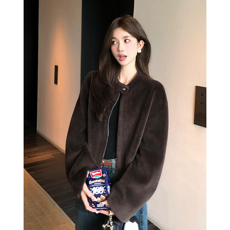 『Fragrant Hot Chocolate』Ultra-Fine All-Wool Lamb Wool Short Style Neat Small Stand-Up Collar Small Fur Winter Clothing New Style