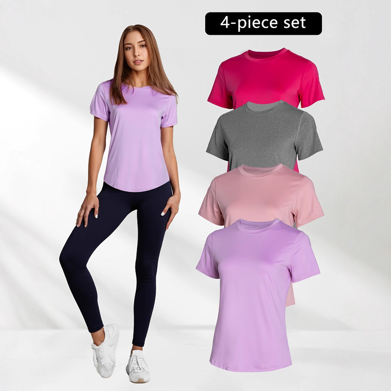 Cross-Border Sports Outdoor Home Fitness Solid Color Short-Sleeved Women's Summer Slim-Fit Naked-Feel Running Yoga Top T-Shirt