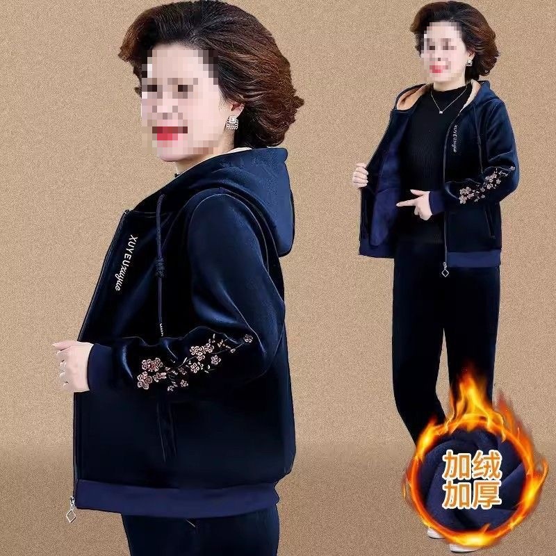 妈妈秋冬装运动服套装加绒加厚外套中老年女冬季加肥加大码两件套