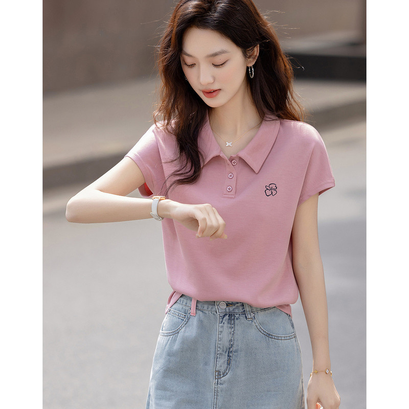 Cross-Border 2026 Summer Smart-Style Short Sleeve Polo Collar Base Shirt with Floral Embroidery Women's T-Shirt Embroidered Women's Top