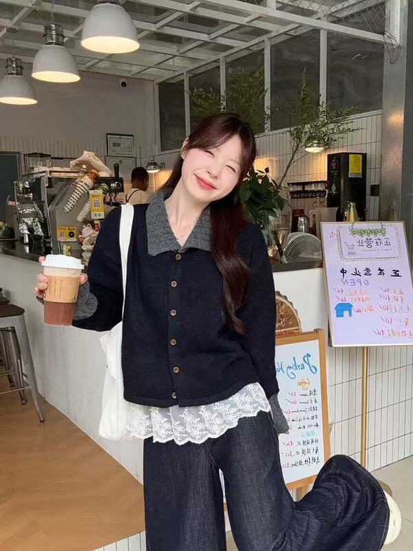 甜美风复古条纹翻领毛衣外套女2025秋季新款别致减龄韩系百搭上衣|undefined