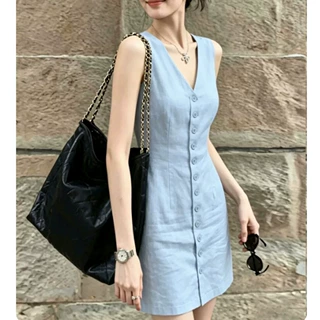 韩版极简风亚麻蓝色无袖连衣裙女单排扣收腰显瘦老钱风小个子短裙