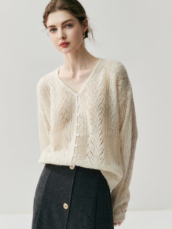 Autumn and Winter New Solid Color Women's Cashmere Knit V-Neck Hollow-Out Cardigan Loose Slimming Versatile Thick Top