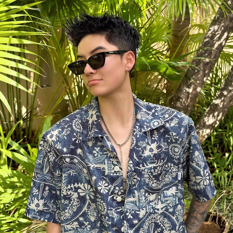 Thai Hong Kong Style Cuban Collar Hawaiian Floral Beach Short-Sleeve Floral Shirt Top for Men, Casual Loose Shirt