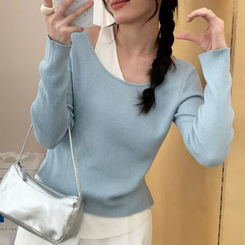 2025春季韩版新款修身显瘦设计感内搭打底衫假两件螺纹长袖T恤女