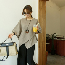 不规则下摆棉麻衬衫女夏宽松显瘦半袖衬衣韩版复古薄款亚麻上衣女