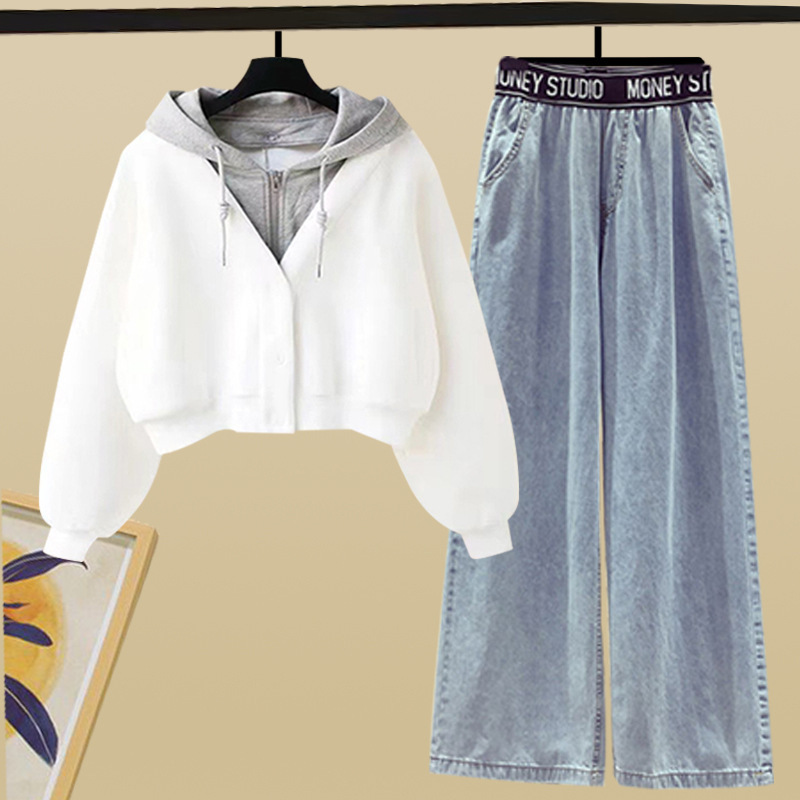 Damenbekleidung Jeansanzug & Archer0603 & zweiteiliger kurzer Kapuzenpullover Herbst-Damen-Spleißen mit schmaler und vielseitiger Wischhose mit weitem Bein_voghion.com