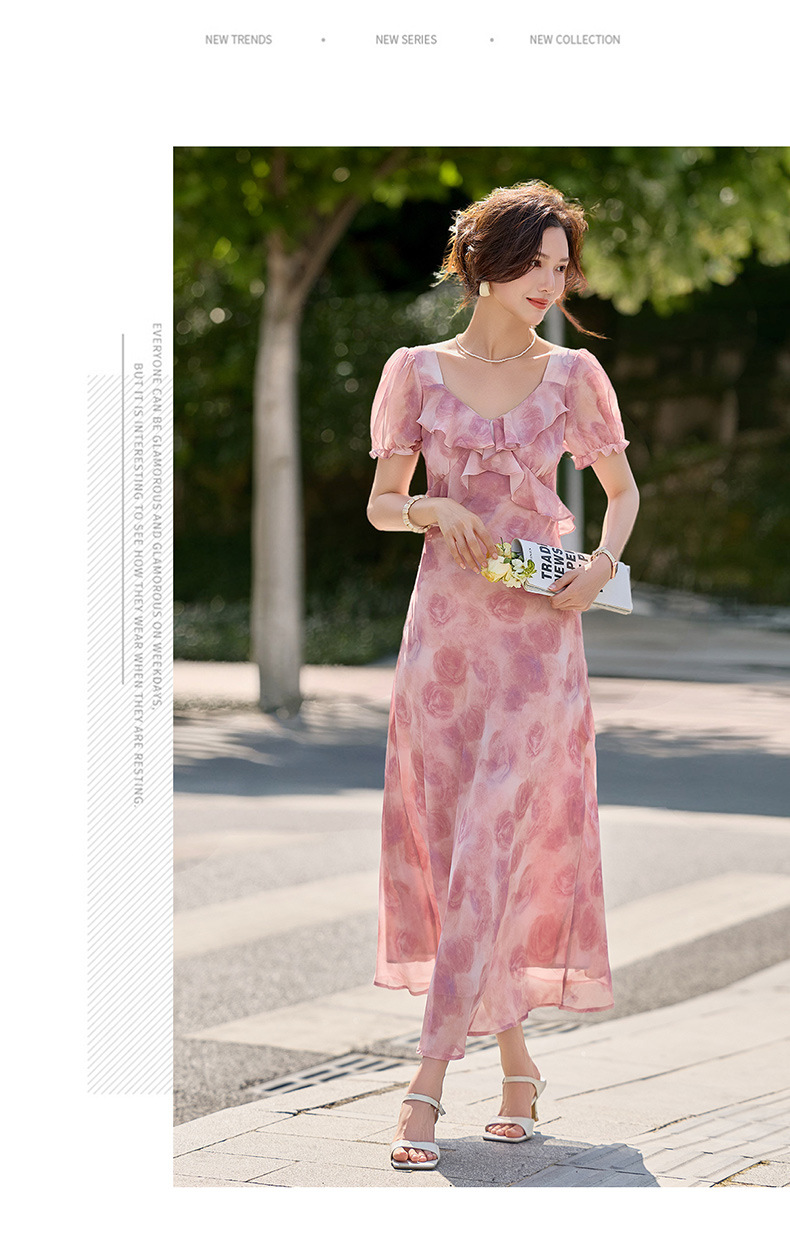 Đầm maxi nữ thắt eo in họa tiết hoa mùa hè tay ngắn — màu tím, Màu hồng chi tiết 14