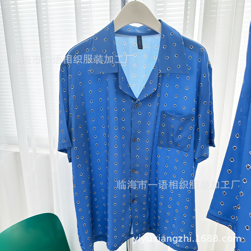 Summer New Ice Silk Pajamas Blue Monkey Men's Home Clothes Lapel Thin Casual Men's Pajamas Set Summer