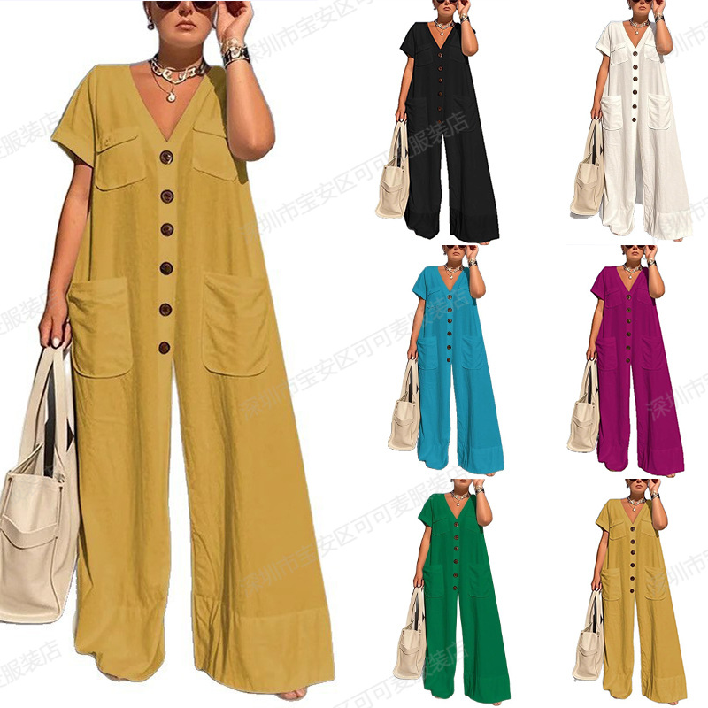Amazon Cross-Border European and American Foreign Trade New Women's V-Neck Single-Breasted Pocket Elegant Solid Color Jumpsuit