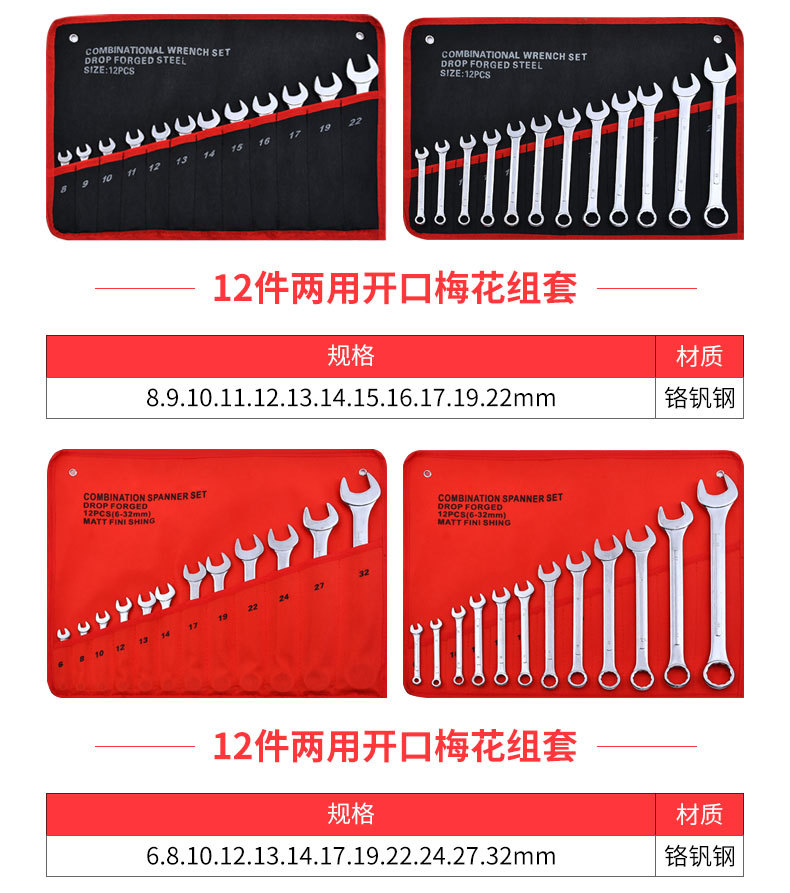 厂家直销两用扳手全套凸筋镜面哑光开口梅花扳手汽修五金工具套装详情28