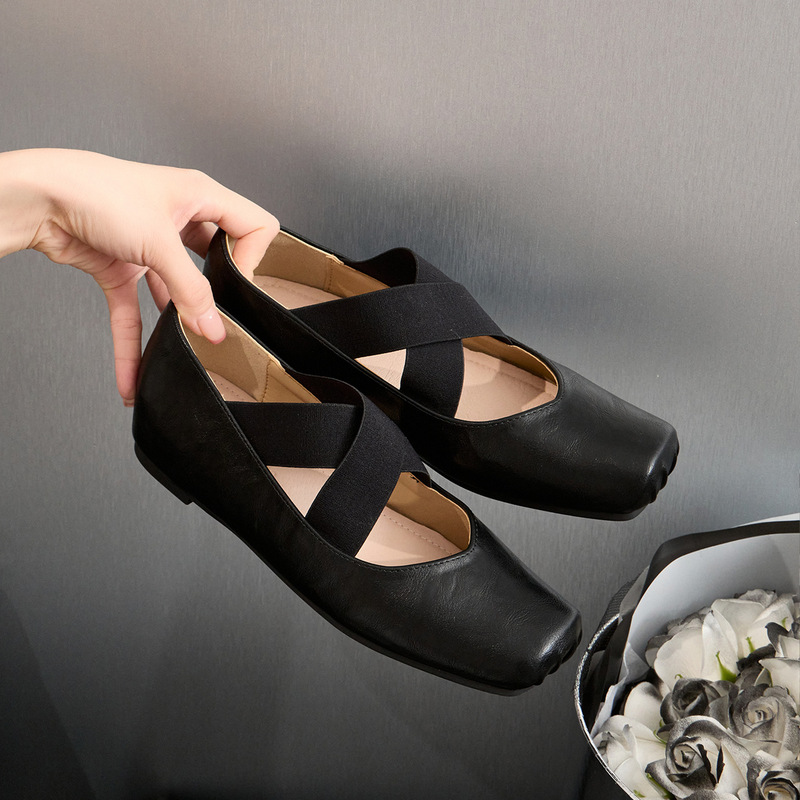 Women's Ballet Style Black Genuine Leather Mary Jane Shoes French Style Retro Shallow Cross-strap Ballet Shoes