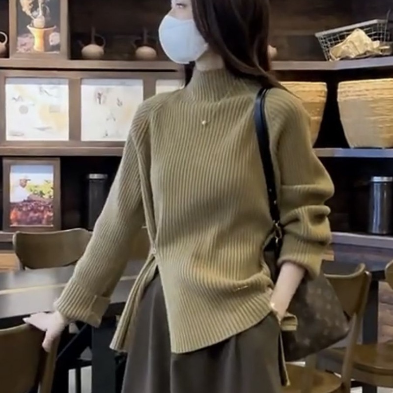 慵懒风超好看设计感收腰高领竖条打底毛衣女秋冬季内搭针织衫上衣|undefined