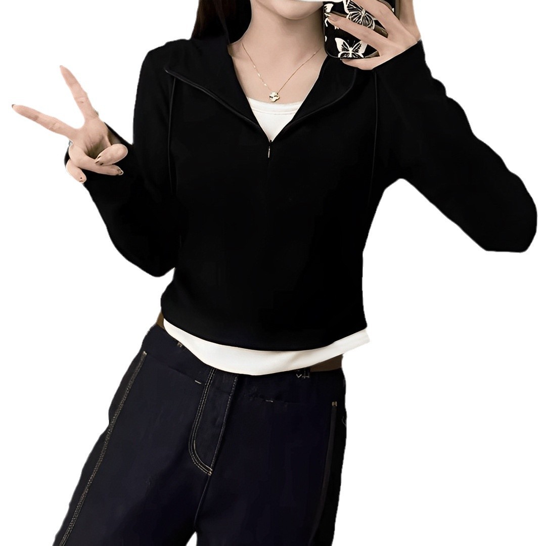2024 하프 지퍼 후드 페이크 2 피스 스웨터 여성의 가을과 겨울 새로운 명암 컬러 세련된 패션 캐주얼 긴 소매 탑