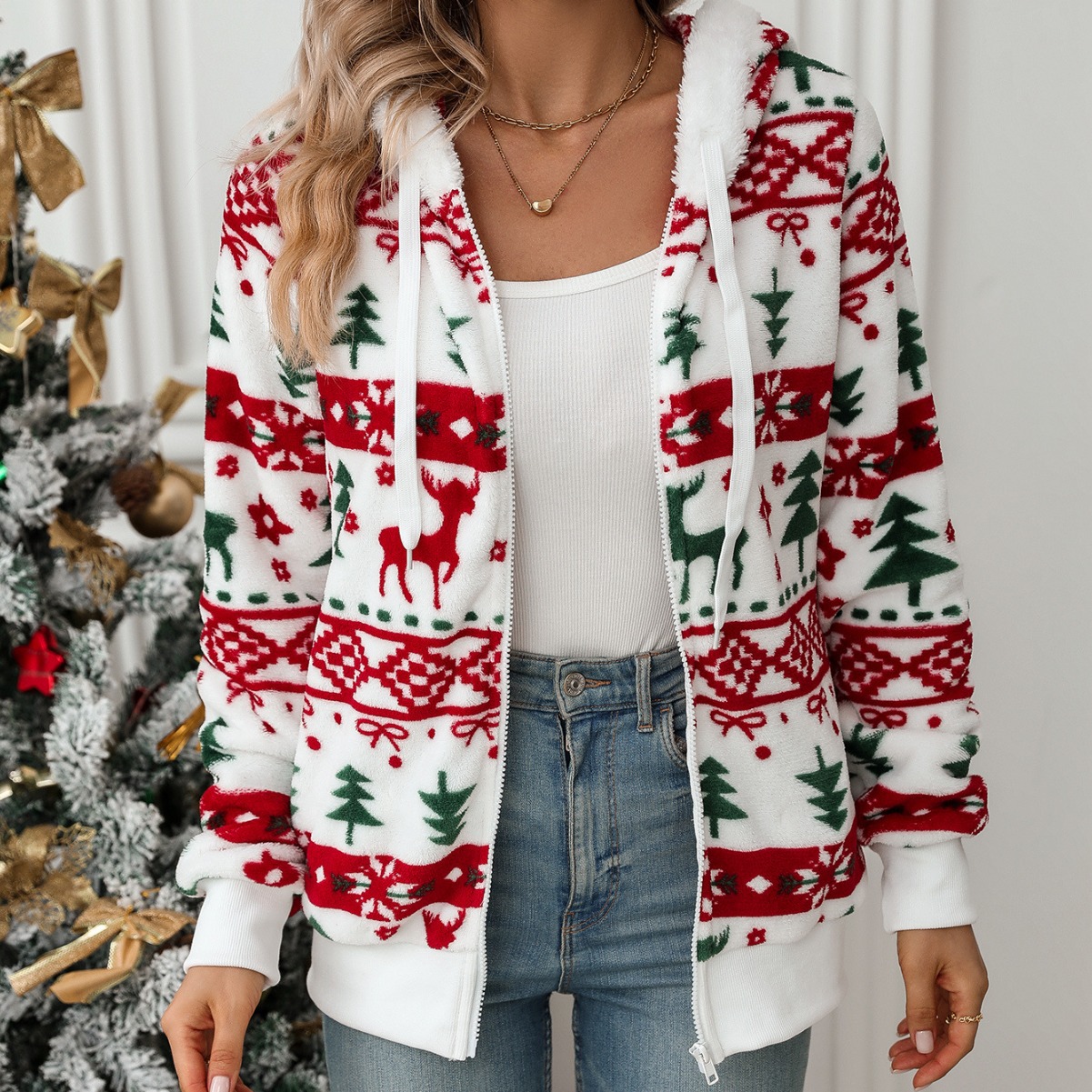 Flash Velvet 2023 Cross-border Autumn and Winter New European and American Women's Clothing Amazon Long-sleeved Cardigan Christmas Print Plush Coat