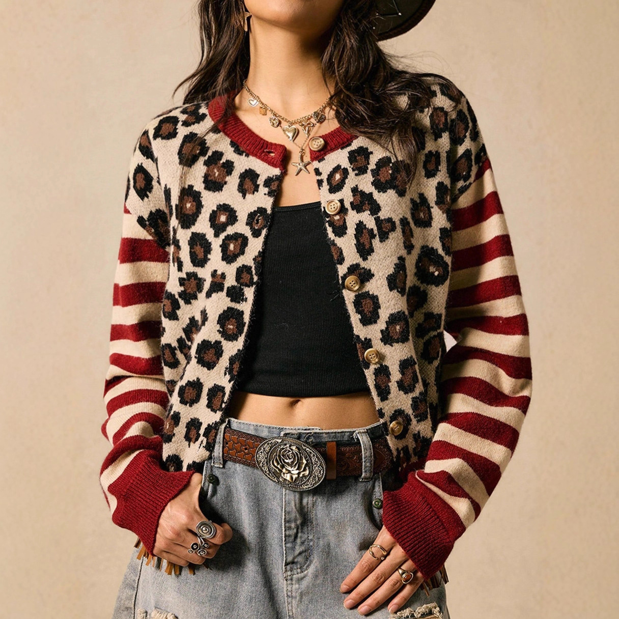Cross-Border Autumn and Winter New Style European and American Women's Round-Neck Knitwear, Striped Off-Shoulder Leopard Print Long-Sleeve Cardigan Sweater