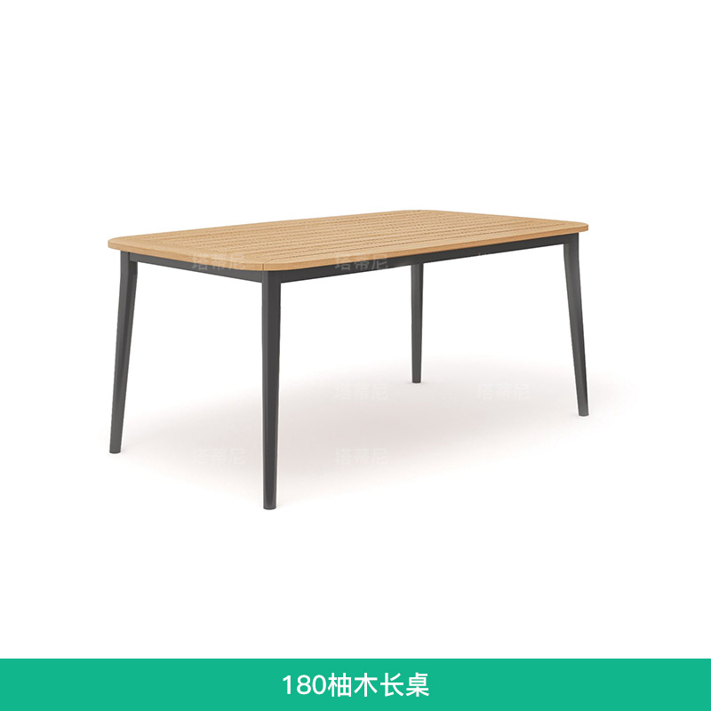 Mesas y sillas de ratán para exteriores, muebles de ocio impermeables y resistentes al sol para patio exterior, conjunto de mesa larga de teca para jardín o balcón de villa