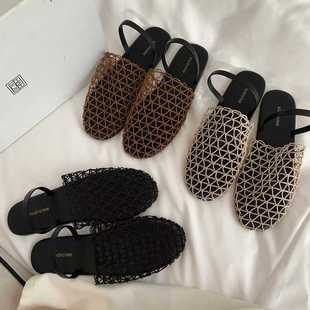 Cross-border Foreign Trade Baotou Rear Trip with Fishing Net Flat Sandals Roman Shoes Summer New Hollow Comfortable Beach Half Slippers