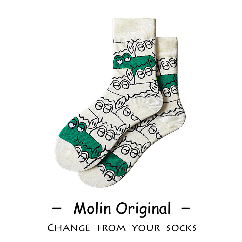 Molin Original Cartoon Crocodile Trendy Couple's Mid-length Socks Men's Graffiti Simple Korean-style Fashionable Brand Socks Women