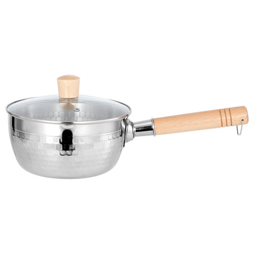 Stainless steel Spatula pan with Japanese wooden handle, flat bottom household auxiliary food pot, frosted handle milk pot, non-stick soup pot