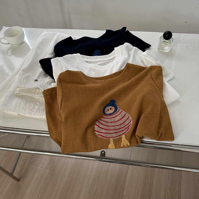 Trendy Niche Cartoon Round-Neck Short-Sleeve Women's Summer Thin Snowflake Cotton T-Shirt with Penguin Embroidery, Age-Reducing Student Style Trendy Niche Cartoon Round-Neck Short-Sleeve Women's Summer Thin Snowflake Cotton T-Shirt with Penguin Embroidery, Age-Reducing Student Style