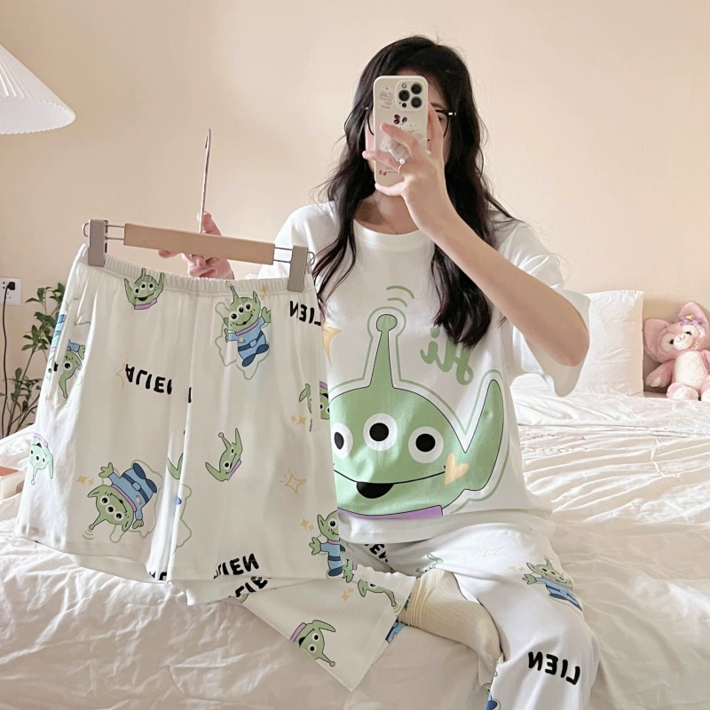 Пижама, женский костюм-тройка, летние тонкие брюки с короткими рукавами, Повседневная Милая верхняя одежда с героями мультфильмов, Женская домашняя одежда