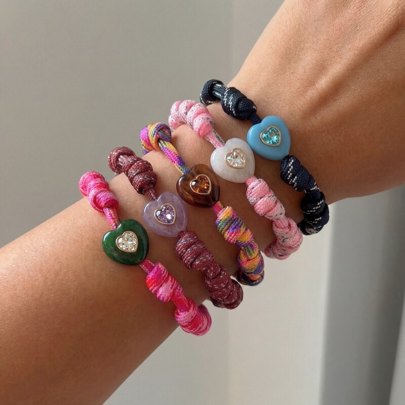 Adjustable Rope Gift, European and American Handmade Cross-Border Dopamine-Style Personalized New Drawstring Bracelet, Heart-Shaped Bracelet with Contrasting Colors and Copper Adjustable Rope Gift, European and American Handmade Cross-Border Dopamine-Style Personalized New Drawstring Bracelet, Heart-Shaped Bracelet with Contrasting Colors and Copper