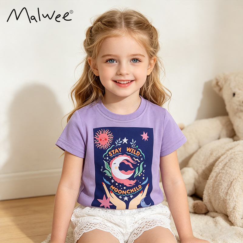 Malwee niñas de manga corta verano nuevo estilo europeo y americano niños pequeños y medianos cuello redondo casual linda niña camiseta top