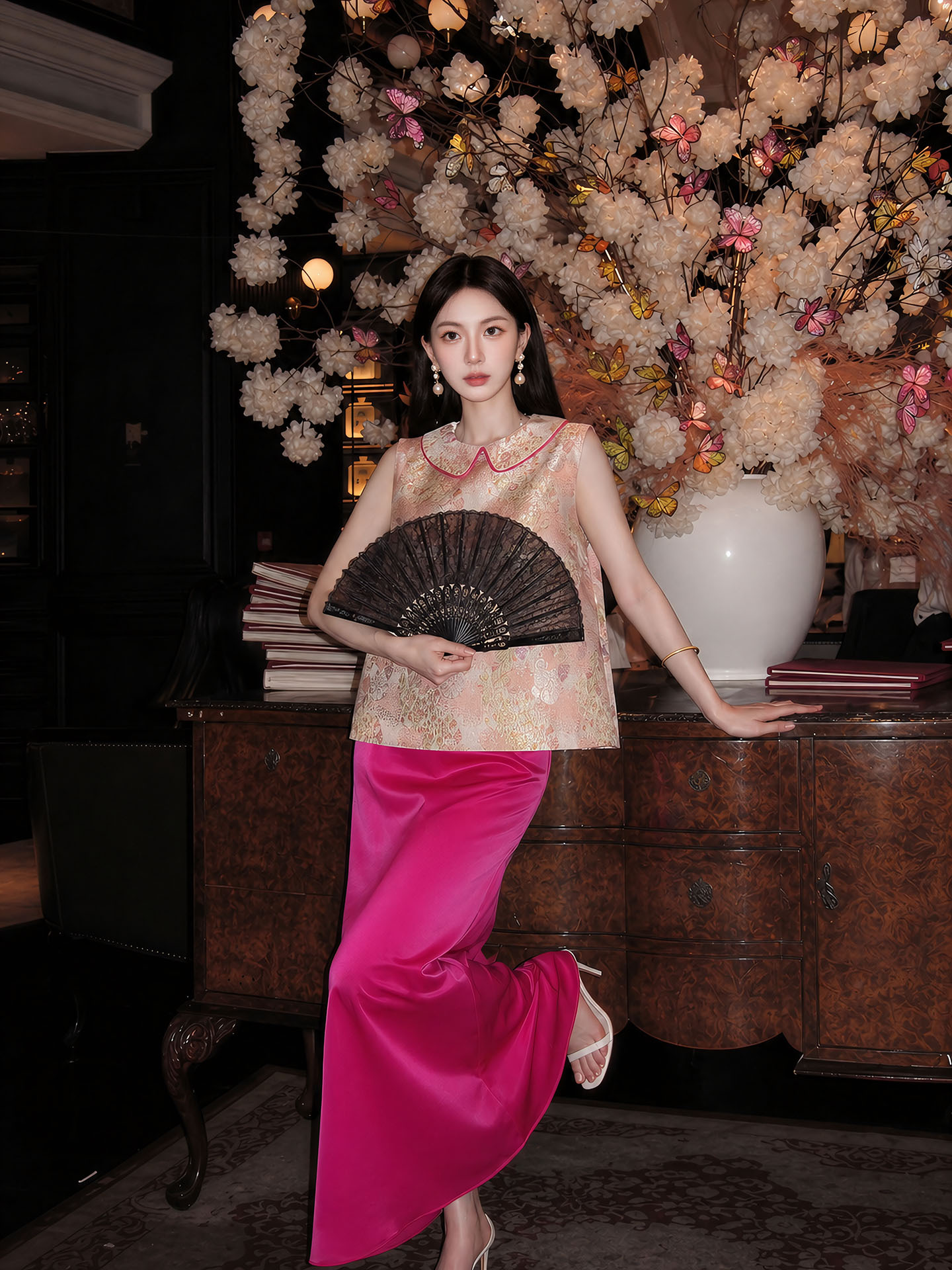 Bộ áo gile + chân váy nữ phong cách Trung Hoa mới, chất liệu jacquard cao cấp, form thắt eo thanh lịch — Áo khoác Carmine, Trang phục [Áo khoác màu hồng+váy đỏ], Màu đỏ nửa váy