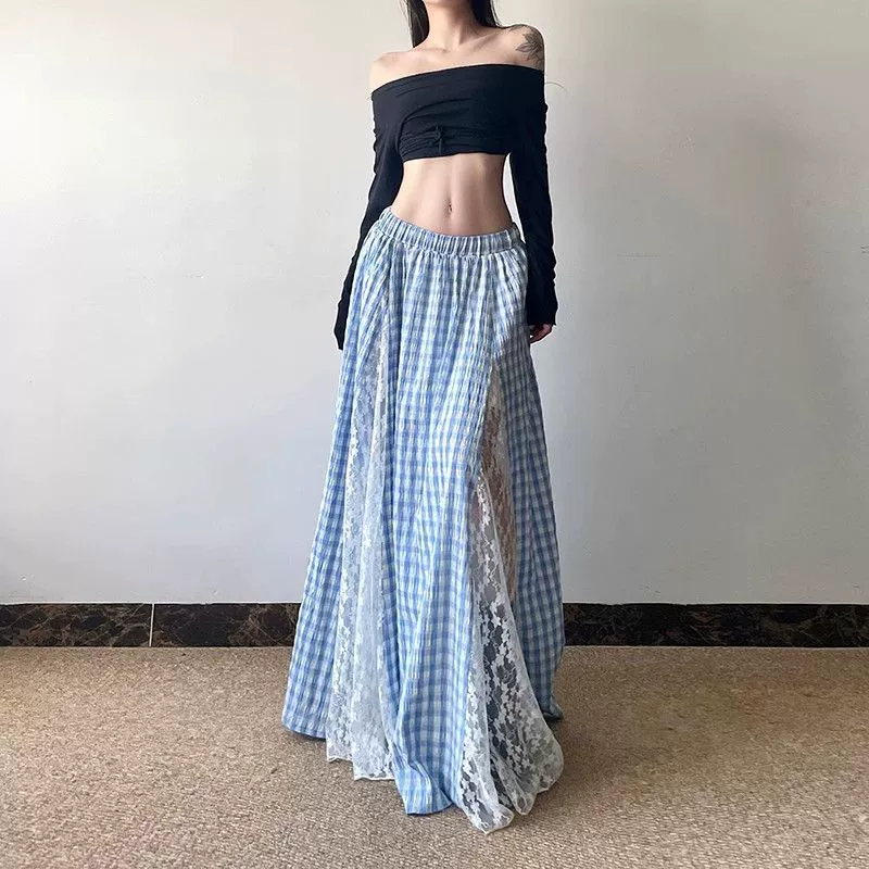 Женская летняя юбка-пачка из кружева, новинка 2025 года, высокая талия, узкая, средней длины, А-силуэта, в клетку