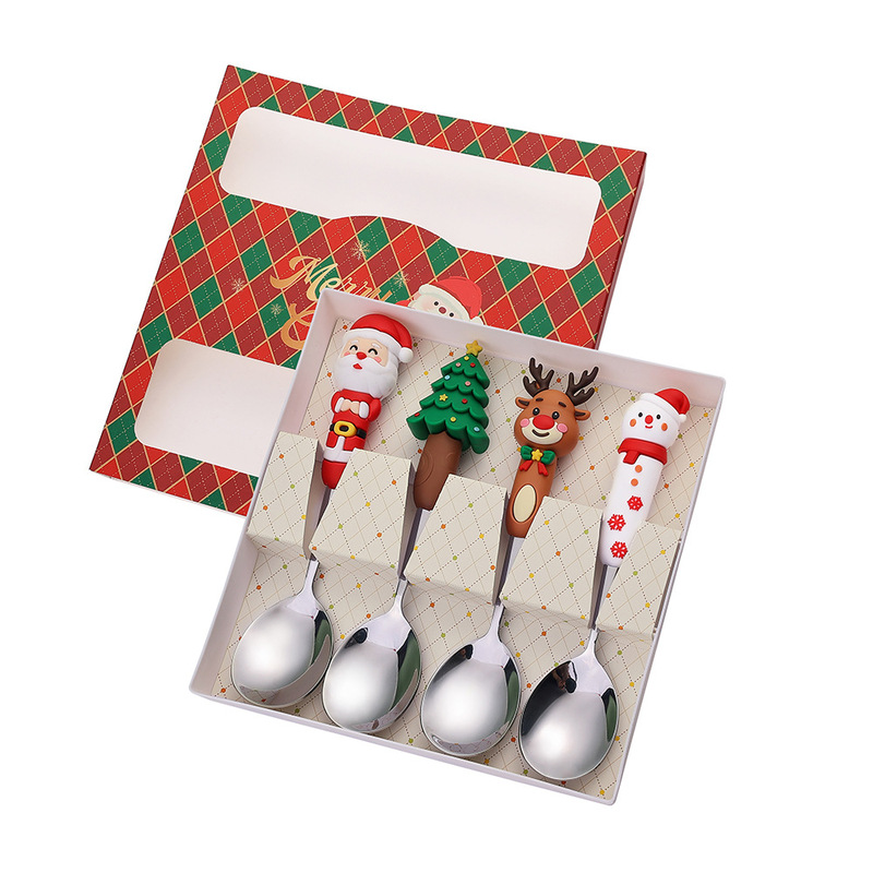 新しいクリスマス人形スプーンとフォークかわいい楽しいサンタクロースクリスマスツリーゴールデンクリスマスフォークとスプーン食器セット|undefined