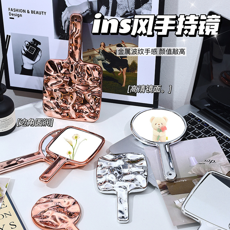 ins インターネットセレブレトロハンドヘルドハンドル化粧鏡ドレッシングポータブル波形ライト高級ハンドル化粧鏡|undefined