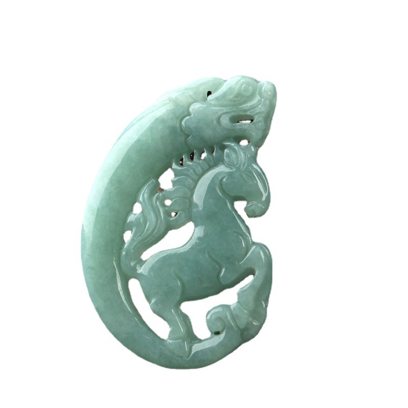 生肖馬牌緬甸翡翠A貨玉吊墜 鏤空精雕龍馬精神油青種雙面玉器掛件