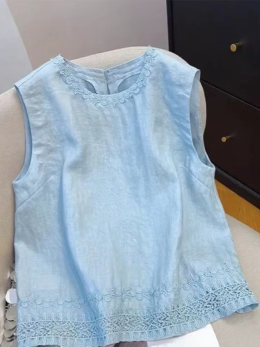 今年人気のブルー刺繍リネンノースリーブシャツ女性用2025夏の新しいルーズで多用途の甘いトップストレンド|undefined