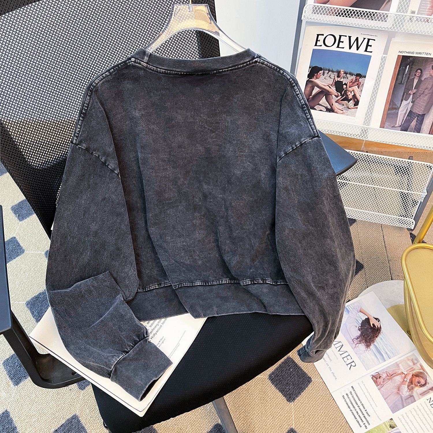 Brand Washed Distressed Loose O neck Short Sweater Niche Washed Vintage Pure Cotton Long T Shirt Trendy