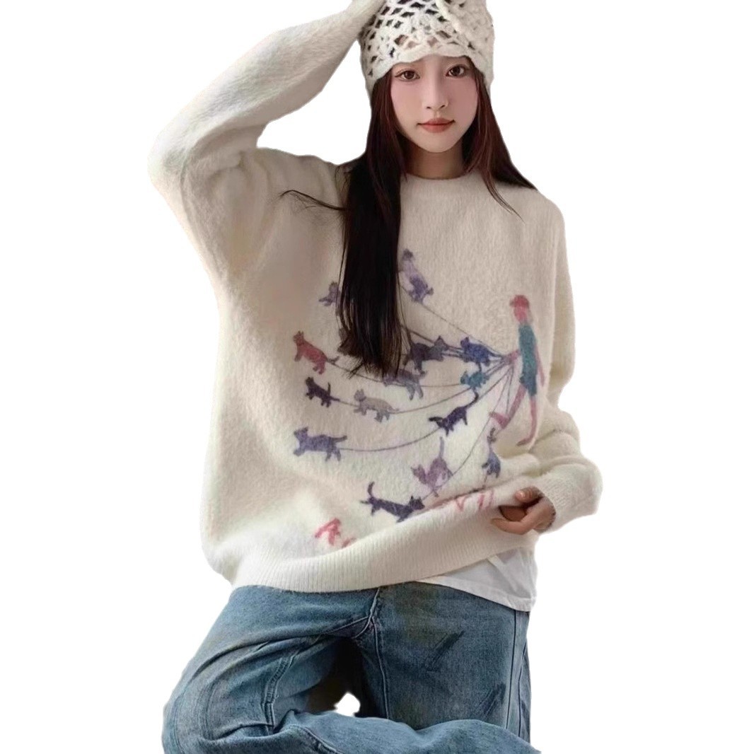 Søt minkpels-tegneseriemønster hundestrikket genser til dame, høstvinter, myk og lat løs genser_voghion.com