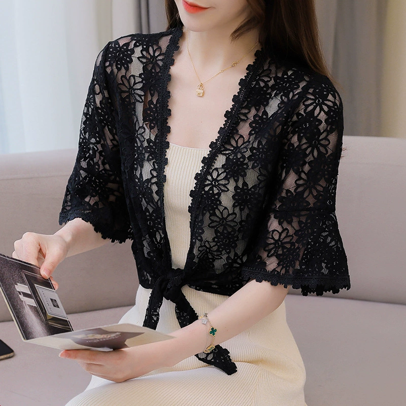 Кружевной кардиган, накидка, жилет, летняя куртка, с коротким рукавом