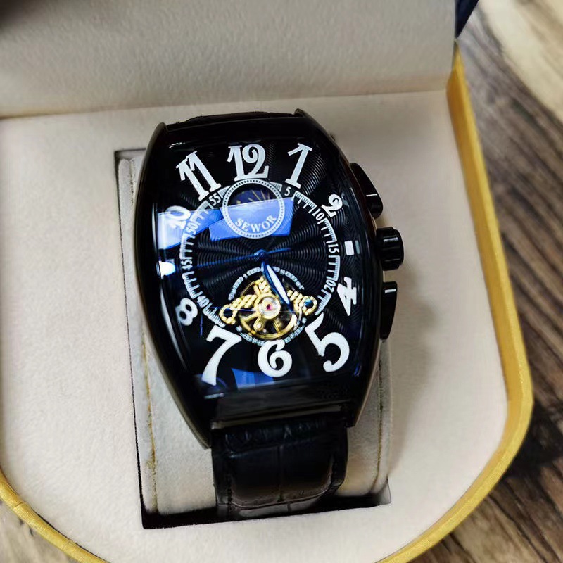 SEWOR reloj mecánico automático para hombre tipo barril cinturón inferior transparente hueco reloj para hombre reloj de personalidad de Vidrio Curvo