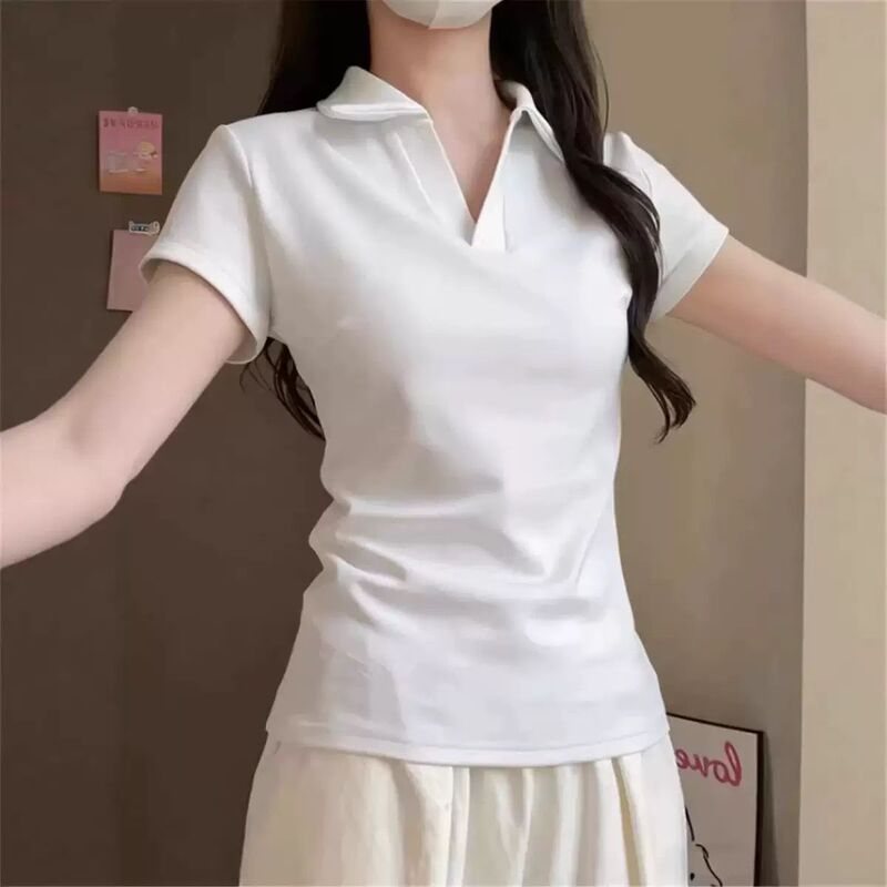 Pure cotton Korean-style V-neck regular shoulder POLO collar short-sleeve t-shirt for women, new summer slim-fit waist-cinching versatile college-style top Pure cotton Korean-style V-neck regular shoulder POLO collar short-sleeve t-shirt for women, new summer slim-fit waist-cinching versatile college-style top
