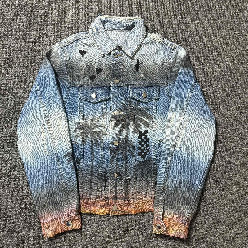 Men's Clothing denim rendering print gradient jacket high street correct version European and American street_voghion.com