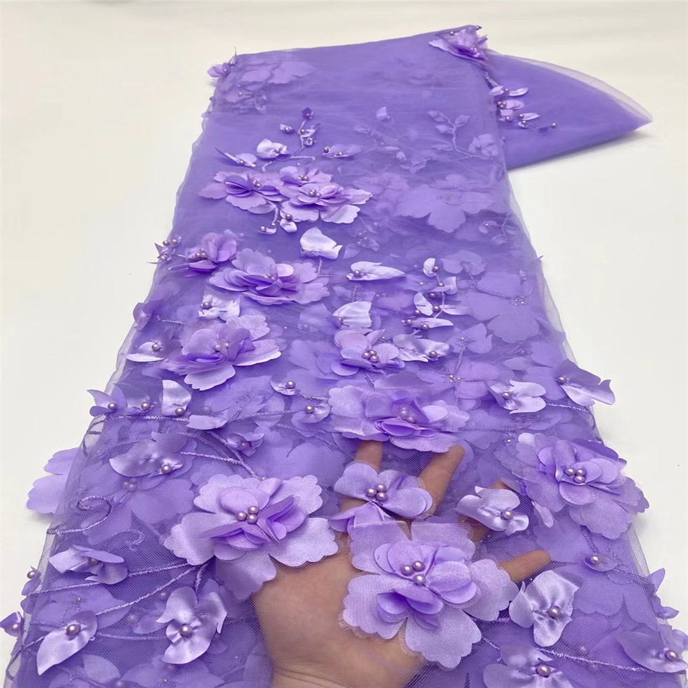 3D bordado tela de malla hecha a mano con cuentas tridimensional bordado tela primavera y verano ropa vestido de tela en stock venta al por mayor