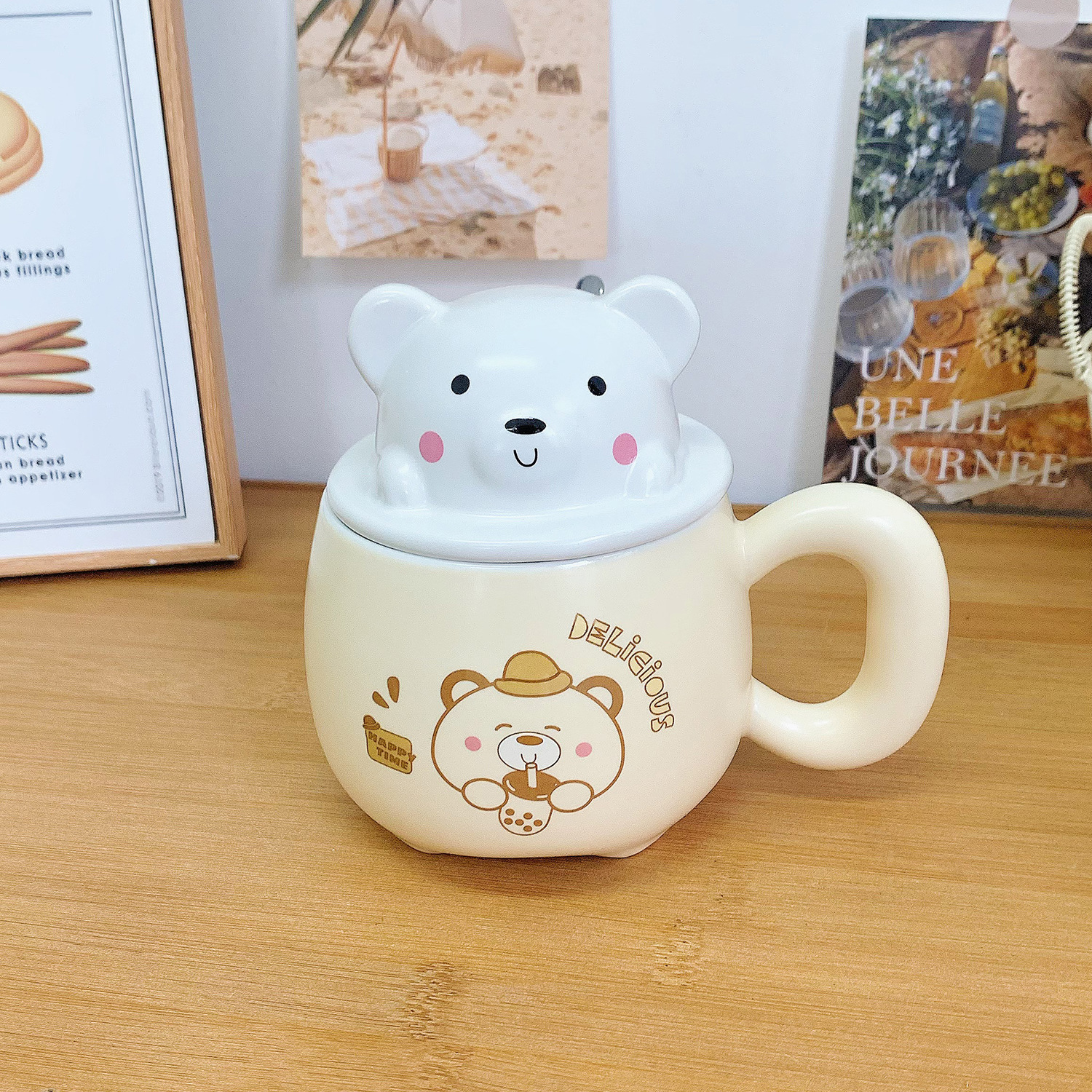 Taza con tapa, cuchara, linda taza de oso, corazón de niña de alto valor, taza de agua potable, regalo de cumpleaños para niñas