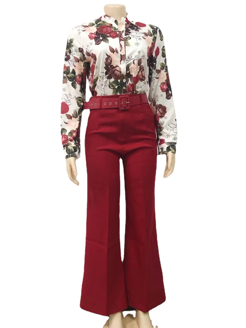 2022 cross-border leisure suit printed stand collar Long Sleeve Shirt Top wide leg pants two-piece set (including belt)