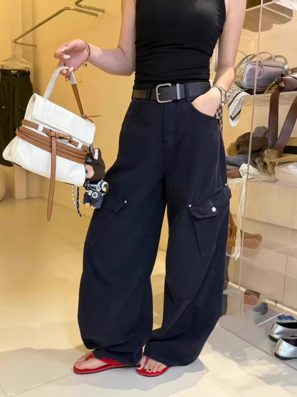 工装牛仔裤女2025年秋季新款高腰显瘦大口袋阔腿宽松休闲直筒长裤|undefined