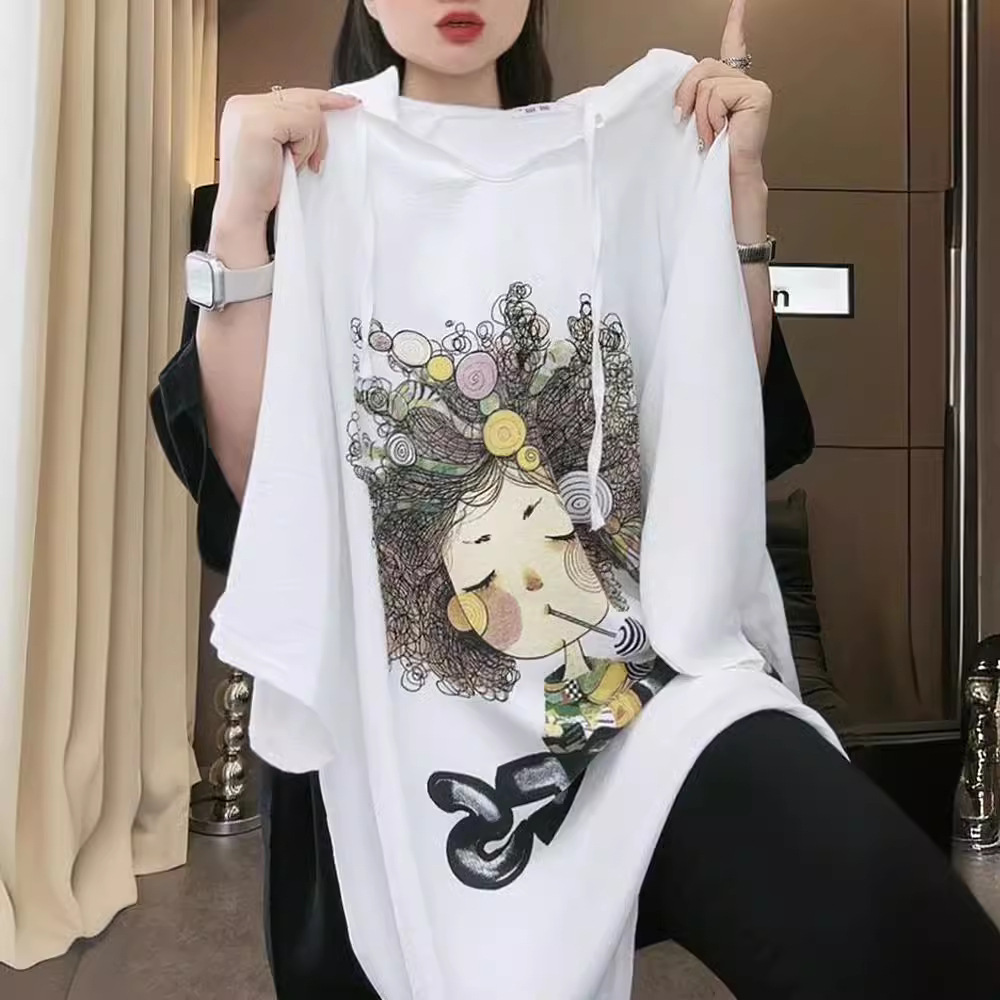 Productos europeos verano nuevo estilo suelto viento casual estampado de dibujos animados con capucha top de manga corta camiseta delgada de longitud media